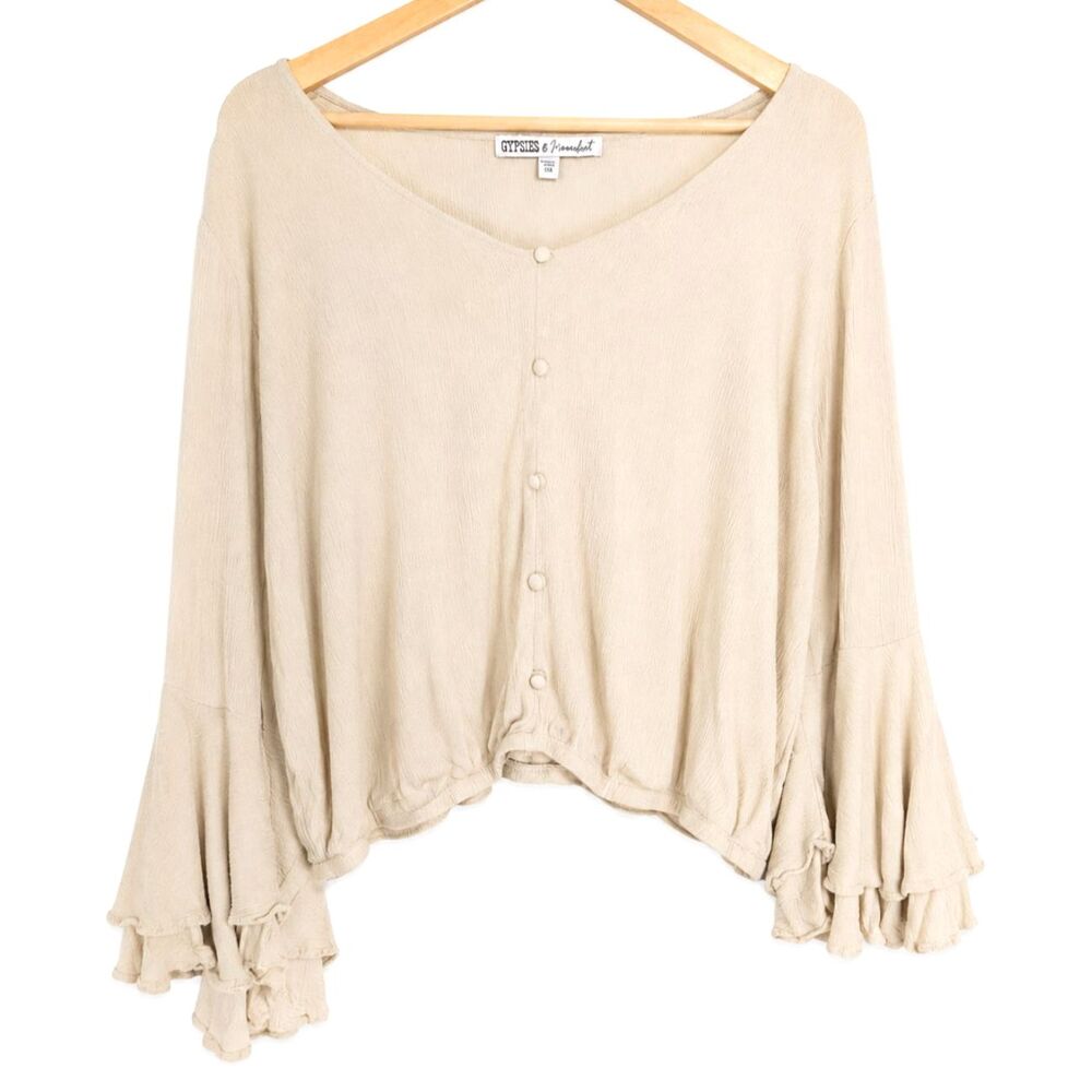 Gypsies & Moondust Boho Western Ruffle Bell Sleeve Button Front Top 0X